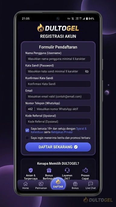 Tampilan halaman daftar dultogel